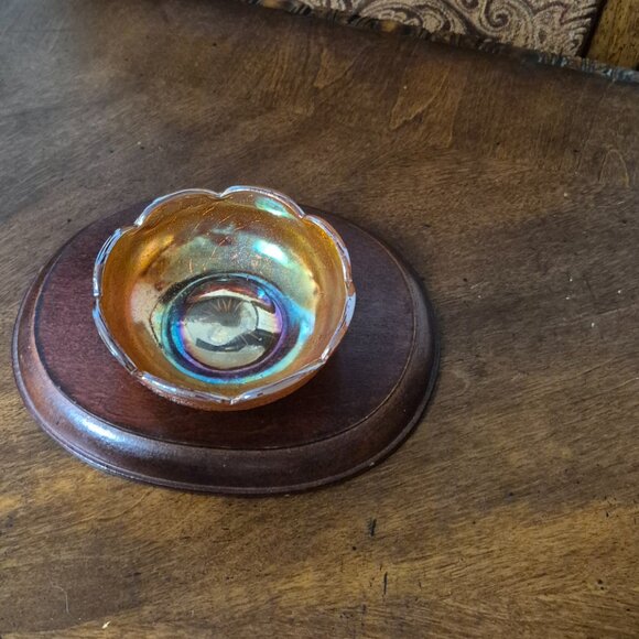 VTG JEANETTE Crackle Marigold Iridescent Glass Scalloped Edge 4.25" Berry Bowls - Picture 5 of 5